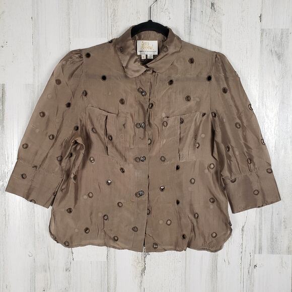 Sara Berman 70% Silk Brown Long Sleeve Cut-Out Shirt Women's Size Medium - Picture 1 of 12
